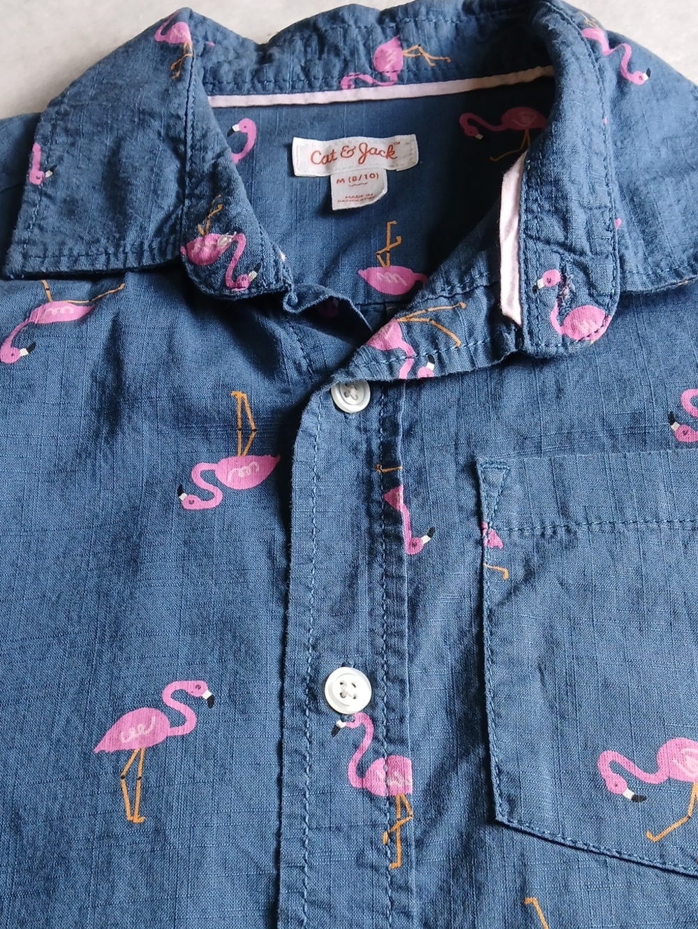 Kids Cat & Jack Navy Short-Sleeve Button-Down with Pink Flamingo Print - Picture 5 of 6